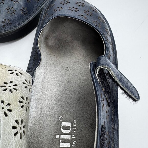 Alegria Womens Sz 8/8.5 Slip Resistant Navy Blue Leather Floral Laser Cut Mary J - Picture 11 of 11